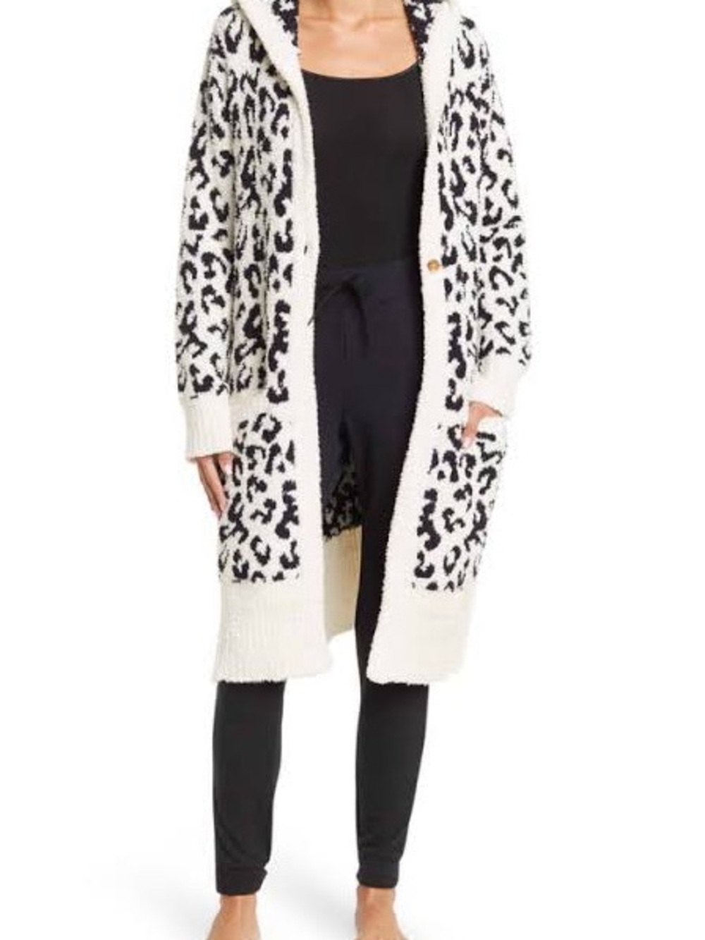 UGG Judith Fleece Button Front Hooded V-Neck Cardigan in Snow Leopard Size XL